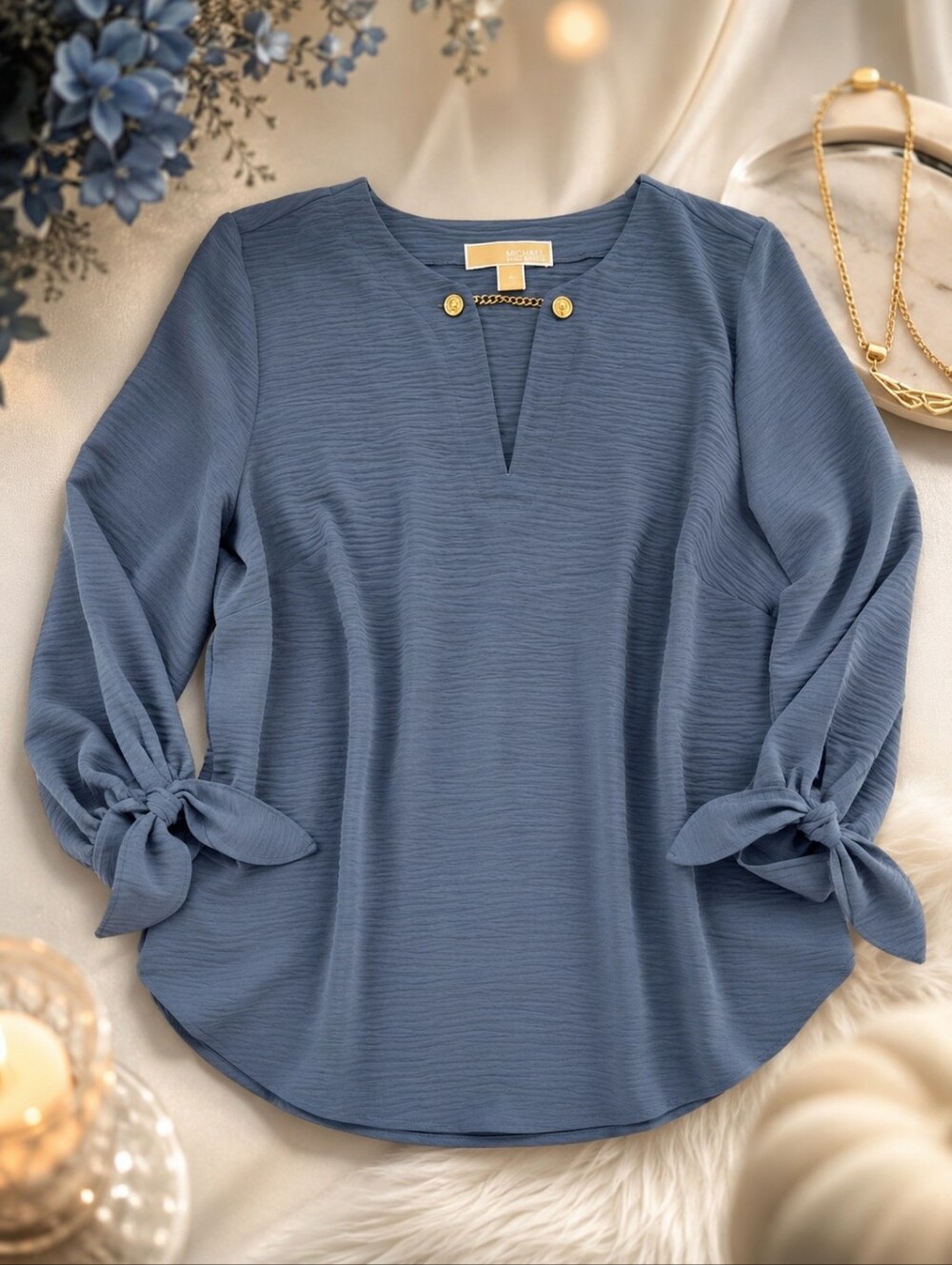 Michael Kors Textured Blue Blouse Gold Chain Neck Tie Sleeve Top Medium NWOT